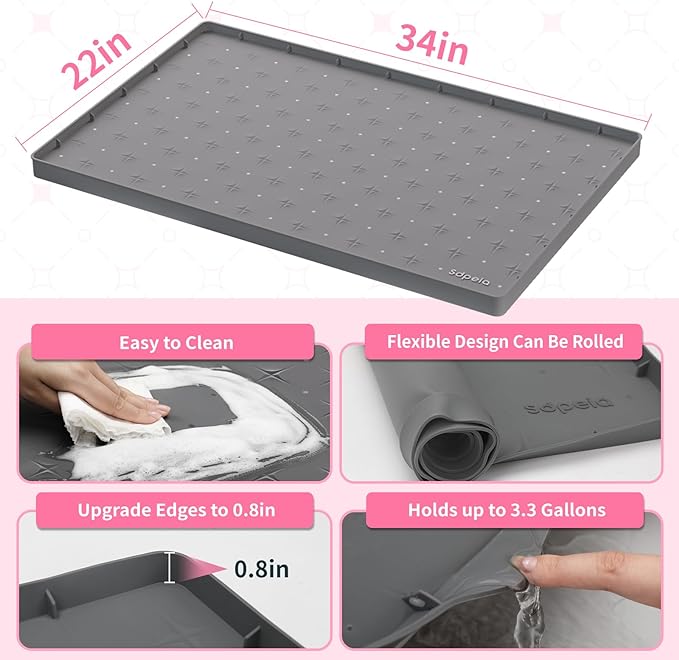 Sdpeia Under Sink Mat 31"×22" Waterproof Silicone Cabinet Liner & Sink Protector for Kitchen & Bathroom, Multi-Purpose Organizers Tray for Pets, Laundry, Cat Litter Mat,Gray