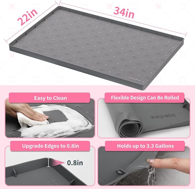 Sdpeia Under Sink Mat 34"×22" Waterproof Silicone Cabinet Liner & Sink Protector for Kitchen & Bathroom, Multi-Purpose Organizers Tray for Pets, Laundry, Cat Litter Mat, Gray