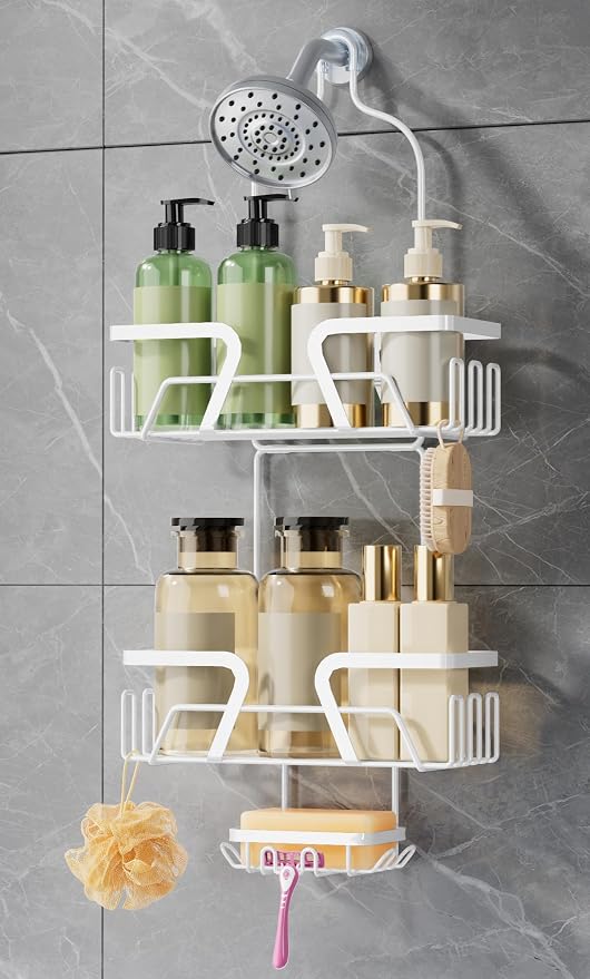 DAOYA White Shower Organizer Hanging - 2 Over The Shower Head Caddies + Soap Dish, Stainless Steel Rust-Free Bath Organizer