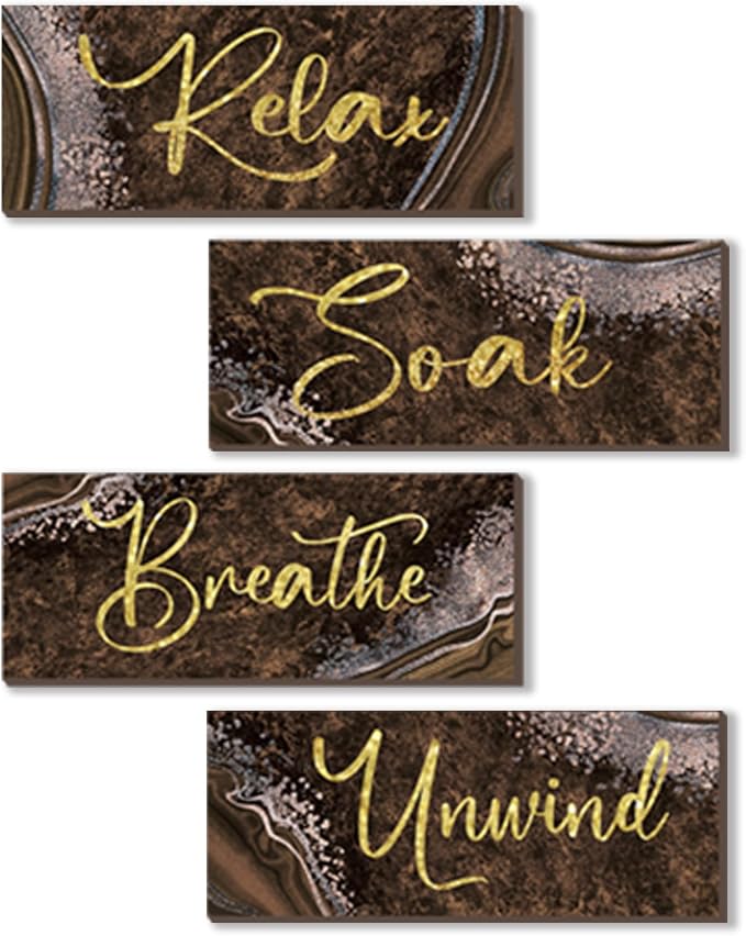 ONIZHITY 4 Pcs Brown Gold Bathroom Decor Brown Gold Wall Decor Relax Soak Unwind Breathe Wooden Rustic Marble Style Bathroom Accessories for Bedroom Living Room Office Kitchen(10X4)