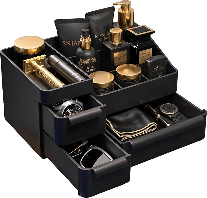 Mens Countertop Organizer for Cologne: Vanity Organizer With Drawers, Bathroom Counter Organizer for Razor, Shaving Lotion, Skincare, Deodorant, Fathers Day Gift for Dad