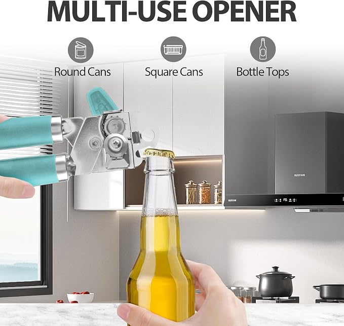Safring Can Opener Manual, Heavy Duty Handheld Strong Can Opener with Soft Touch Handle, Sharp Blade Smooth Edge, Can Openers with Multifunctional Bottle Opener, Aqua Sky