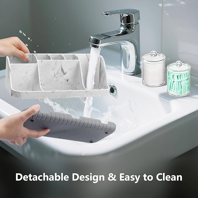 GFWARE Bathroom Toothbrush Holder Set with 2 Pack Qtip Holder Dispenser - Detachable 7 Slots Bathroom Accessory Set, Kids Marble Bathroom Sink Counter Set, Bathroom Essentials Decor, Grey