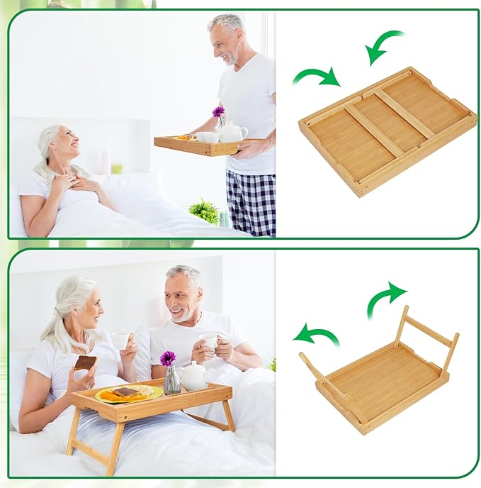 Artmeer Bed Tray Table with Folding Legs, Bamboo Breakfast Food Tray with Media Slot, Use As Platter, Laptop Desk, Snack, TV Tray Kitchen Serving Tray (Bamboo Extra-Large Size)