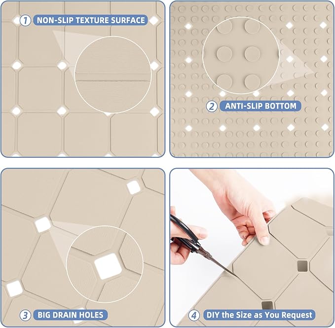 Bathtub Mat Non Slip 15" x 28" Silicone Foldable Tub Mat with Strong Suction Cups & Large Drain Holes, Durable & Eco-Friendly, for Smooth Surfaces, Ideal for Seniors, Adults Beige