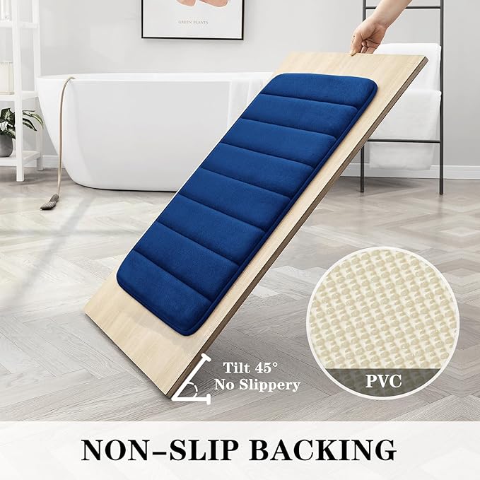 BYSURE Navy Blue Memory Foam Bath Mats, Non Slip Extra Soft Absorbent Machine WashableToilet Bathroom Rug Set 3 Piece (20"x32"+24"x44"+U Shape 20"x24")
