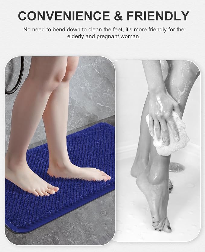 OTHWAY Non Slip Grassy Bathtub Mat : 25.6X13.4 Inches Sturdy But Soft Bath Mat_Quick Drain Shower Floor Mat with Soft Bristles for Scrubbing Feet (Navy Blue)
