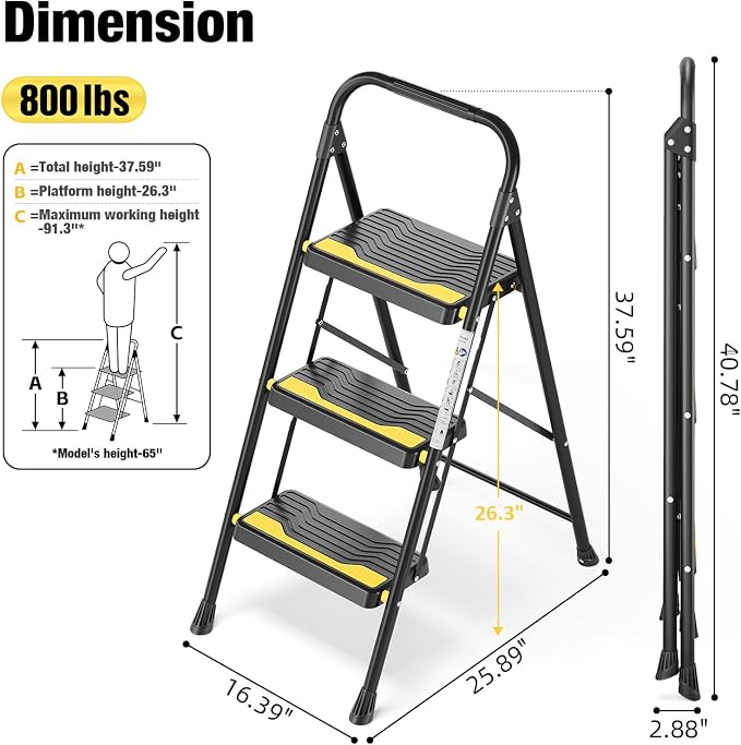 Urackify 3 Step Ladder, Heavy-Duty 800lb Capacity, Wide Anti-Slip Steps & Secure Handrail Compact, Folding Step Stool Portable Design for Home, Kitchen, Office, Pantry, Closet Use, Black