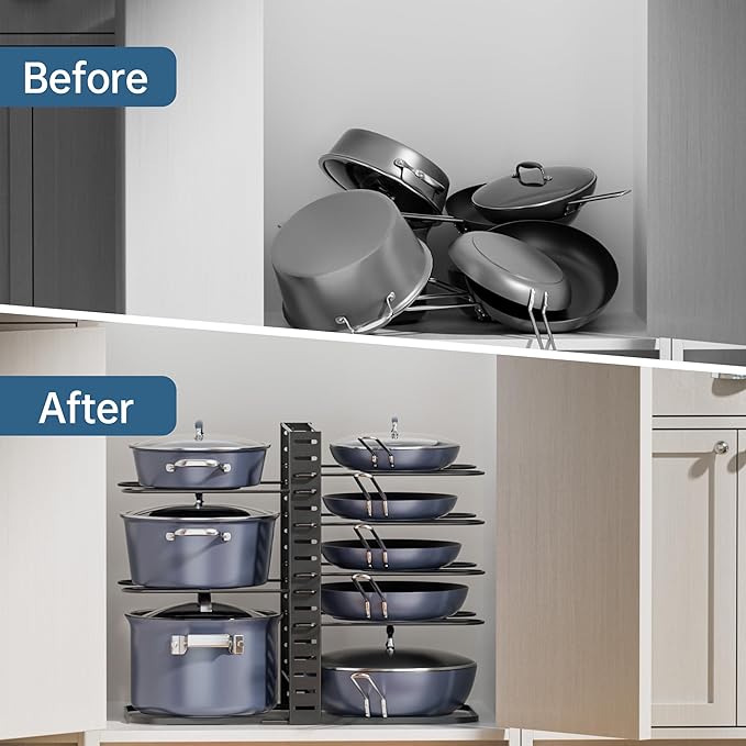 ORDORA Pots and Pans Organizer Under Cabinet 14.55" Height, Adjustable 8-Tier Pot Organizers inside Cabinet, Kitchen Organizers and Storage Fit 6-11 inch Lightweight Cookware