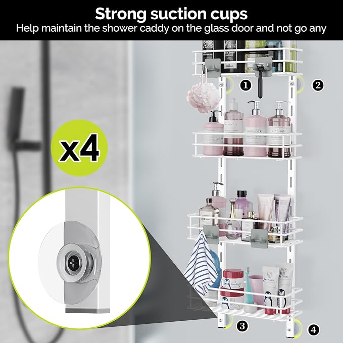 Orimade Over the Door Shower Caddy Adjustable 5 Tier Black,Bathroom Hanging Organizer Shelf Rustproof with 4 Hooks,Shower Basket with Soap Holder and Suction Cup, White