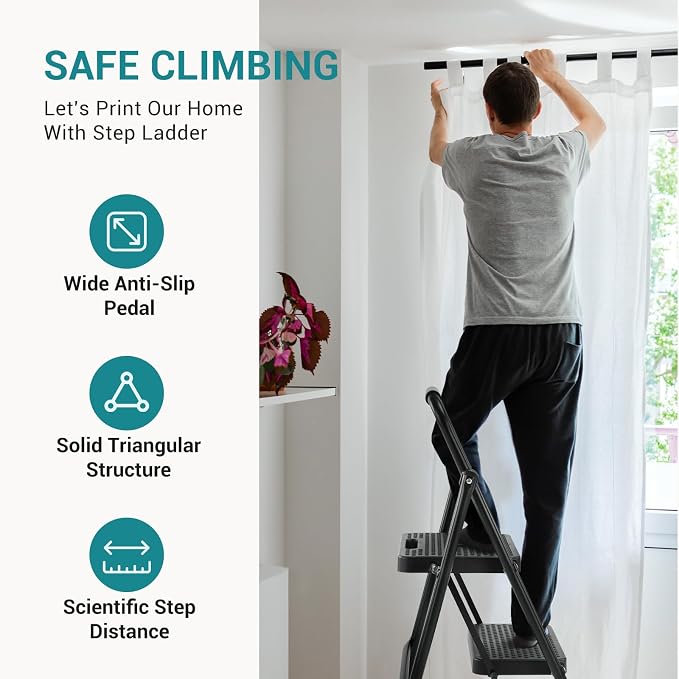 OLIXIS 2 Step Ladder, 880lbs Heavy Duty Sturdy Step Stool with Anti-Slip Pedal & Comfortable Handrail, Portable Step Stool for Kitchen, Garage & Outdoor Use, Black