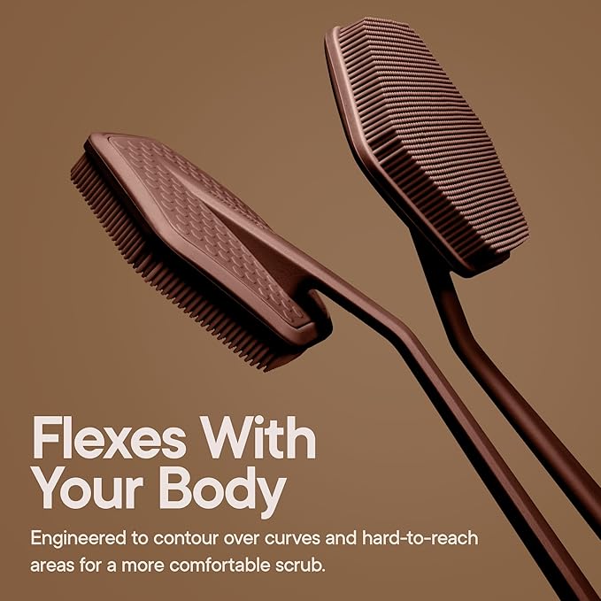 TOOLETRIES Silicone Back Scrubber for Shower, Exfoliating Body & Bath Brush, Long Ergonomic Handle, Non-Slip Grip for Hard-to-Reach Areas, Hygienic Silicone Bath Accessory for Men & Women - Chocolate