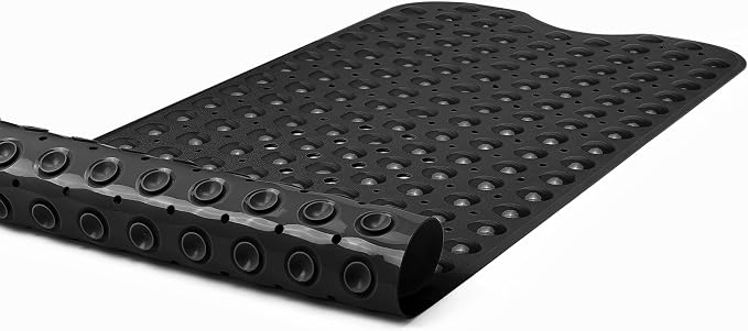 Extra-Long Non-Slip Bathtub & Shower Mat 39”x16” (Smooth/Non-Textured Tubs Only) Safe, Clean, Machine-Washable, Superior Grip&Drainage, Vinyl, Opaque Black