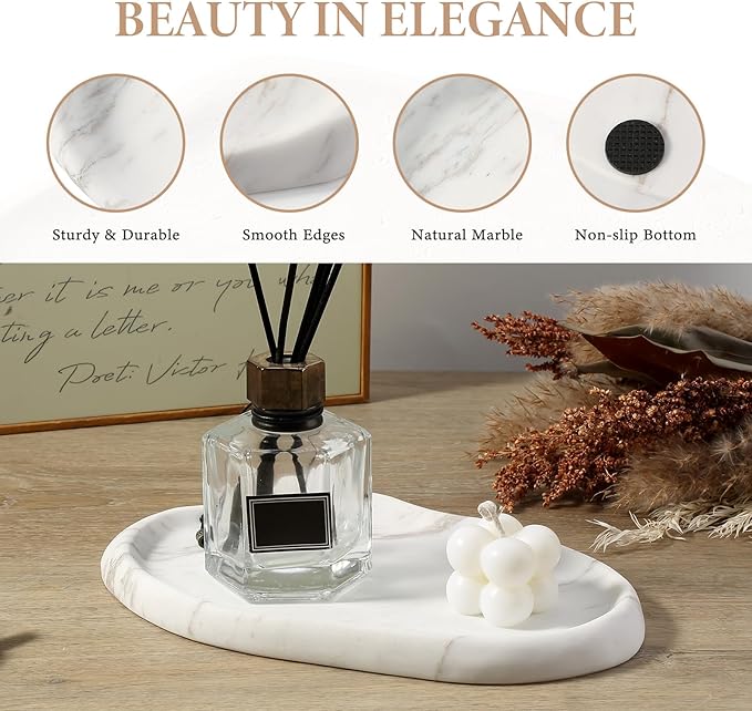 Koville Luxurious Natural White Marble Vanity Tray, Cloud Shape Serving Stone Key Tray for Home Decor, 10" x 7" Marble Storage Trays for Bathroom, Stone Plate Holder for Perfume, Candle and Jewelry