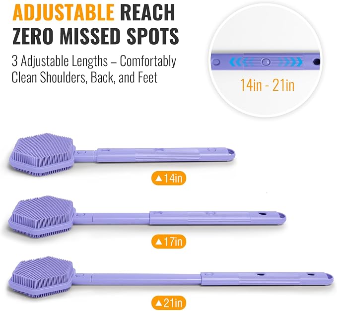 AIMAIAIMAI Silicone Back Scrubber for Shower – 21in Extendable Shower Brush with Long Handle – Dual-Sided Back Brush with Non-Slip Grip, Gentle Cleansing & Exfoliation for Men, Women, Elderly (Purple)