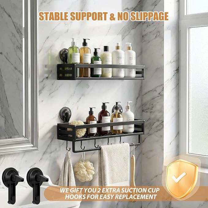 Suction Cup Shower Caddy, 11.8 inch Extended Version,5 Hooks & Towel Rrack, No Drilling Required, Rust-resistant Bathroom Shower Organizer,with 2 Extra Suction Cups for Replacement Use (2Pack-Black)