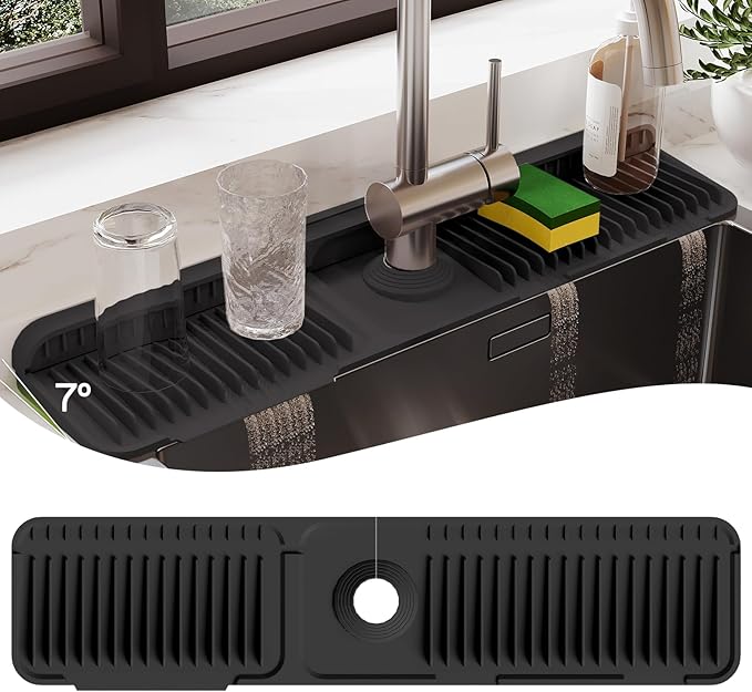 24 Inch Silicone Faucet Mat for Kitchen Sink Splash Guard – Upgraded Draining Mat with Water Tray Behind Faucet – Countertop Protectors to Catch Spills (Black, 24" x 5.5" )