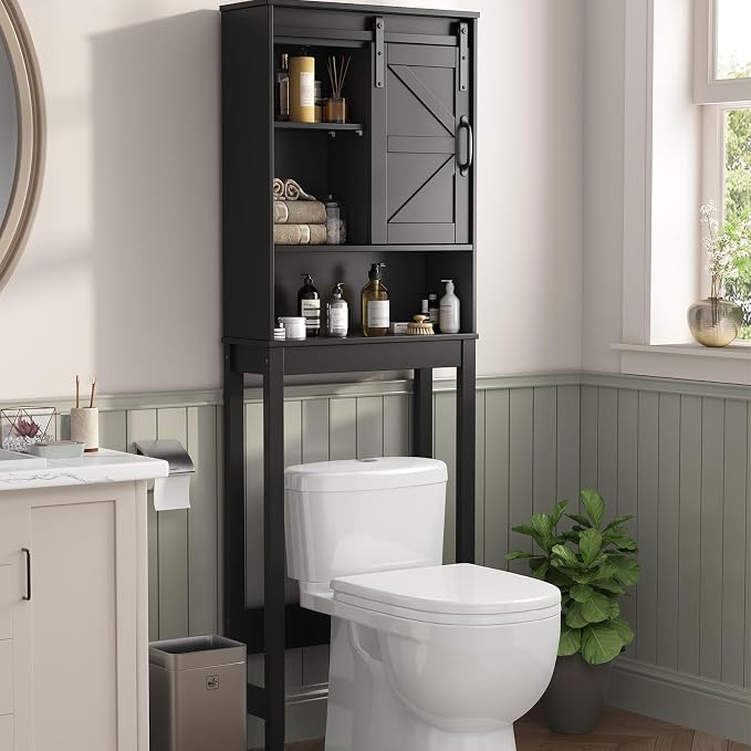 Over The Toilet Storage Cabinet, Bathroom Organizer with Adjustable Shelves and Anti-Tip Device, Space-Saving Storage Solution, Black