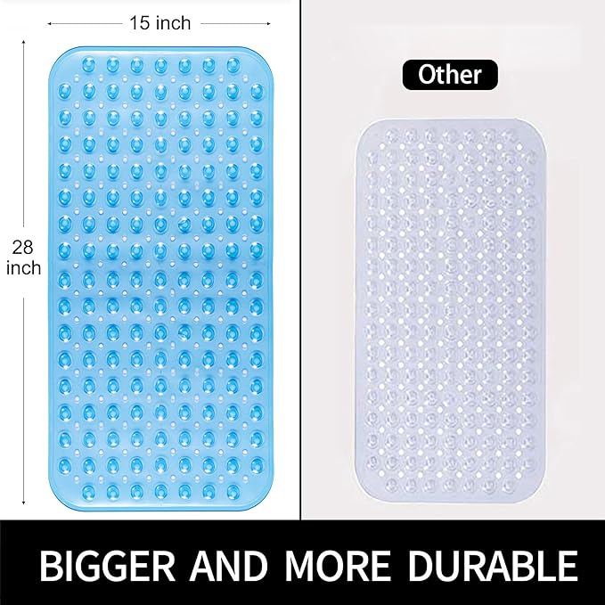 Bathtub and Shower Mats, 28 x 15 Inch Non-Slip Bath Mat, Machine Washable Bath Tub Mat with Suction Cups & Drain Holes for Bathroom, Clear Blue