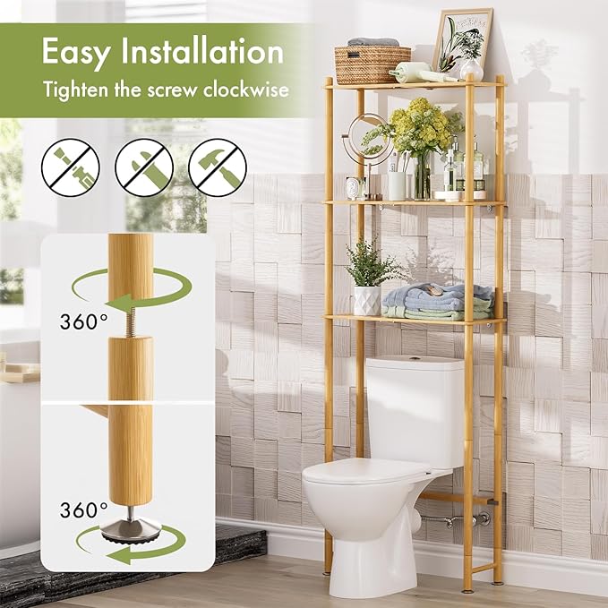 AmazerBath Over The Toilet Storage Bamboo, Bathroom Over Toilet Organizer Rack, 3-Tier Freestanding Above Toilet Shelf for Bathroom, Laundry, Space Saver, Natural Color