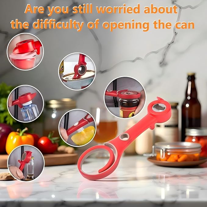 6in-1 Multi Functional Can Opener, Easy to Open Can/Beer/Jam Bottle Caps, labor-saving and anti slip handle, suitable for kitchen can openers, pull tab cans, vacuum caps, and twist caps(Red)
