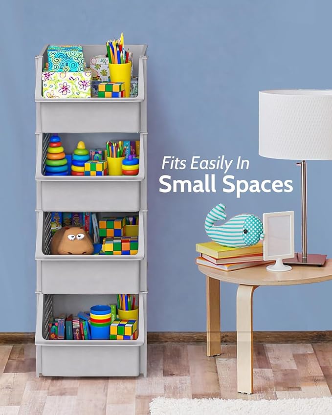 TidyFriend 4 Pack Stackable Storage Bins Open Front for Pantry Organizers and Storage, Pantry Storage for Food, Kitchen and Home Organization, Plastic Storage Bins, Dorm Room Essentials (Light Grey)