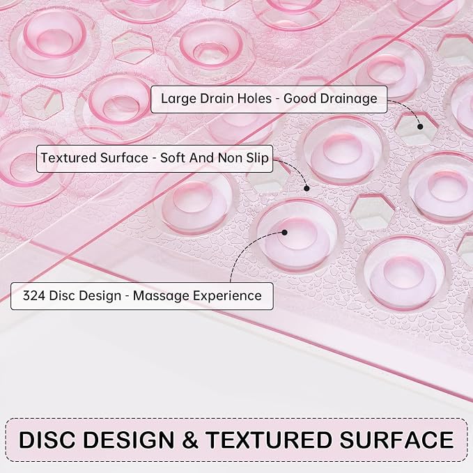 Non-Slip Bathtub and Shower Mats, Power Grip Bath Mat 35 x 16.3 Inch with Suction Cups and Drain Holes for Tub Bathroom Floor Safety, Machine Washable Soft Bathmat, Clear Pink