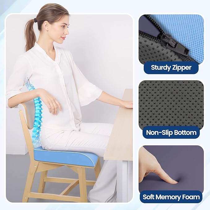 SweetSlubr Seat Cushion for Tailbone Pain Relief, Office Chair Cushion, Memory Foam Large Chair Cushion with Non-Slip Cover for Soft Support at Office Chair, Car Seat, Airplane Light Blue/X-Large