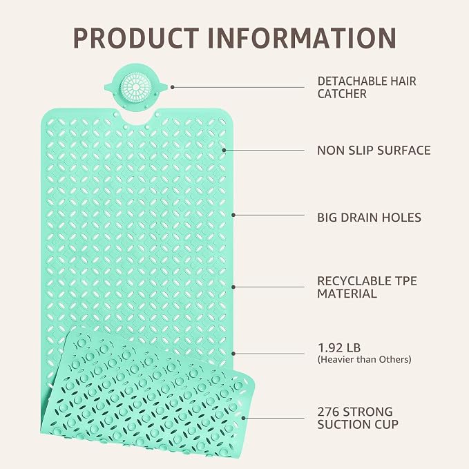OTHWAY Bath Mat for Tub Non Slip: 39" X 17" Long Bathtub Mat with Hair Catcher│Big Drain Holes Shower Mats for Inside Shower│Machine Washable (Light Green)