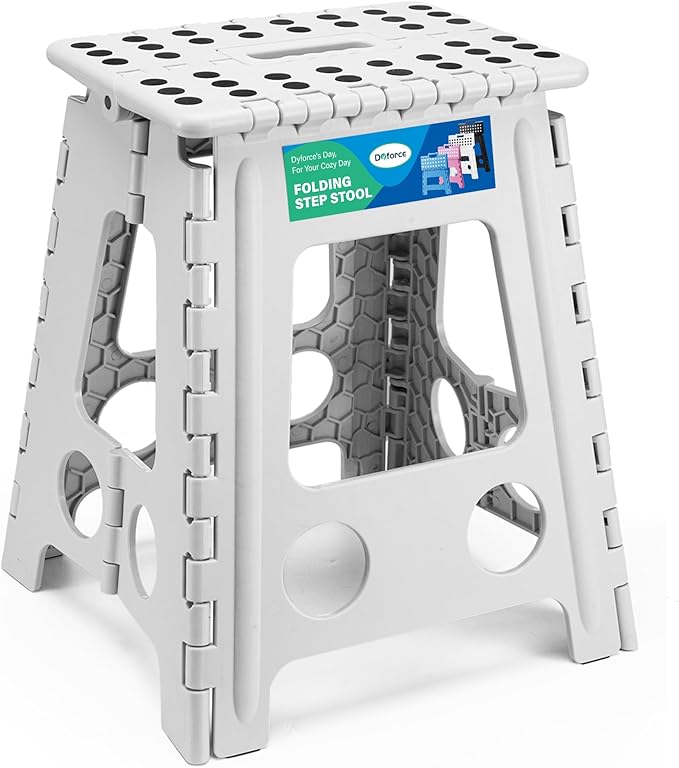 Dyforce 16 Inch Folding Step Stool, 400 lbs Heavy Duty Plastic Step Stool for Adults, Non-Slip Foldable Stepping Stool with Anti-Pinch Handle for Kitchen Bathroom Bedroom Office, Grey 1PC