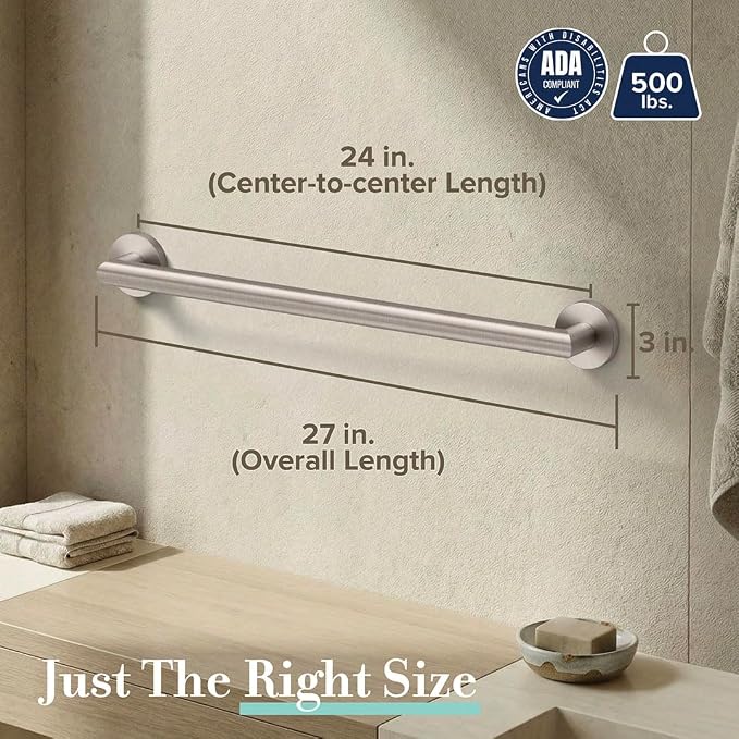 Gatco 974 Glam Wall Mounted 24" Grab Bar, Satin Nickel/ADA Compliant Safety Grab Bar for Bathroom