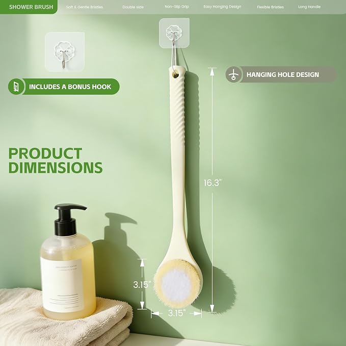 Back Scrubber for Shower with Long Handle, Dual-Sided Bath Brush with Soft Bristles & 150D Exfoliating Cloth, Anti-Slip Grip, Lightweight Back Washer for Shower, Men & Women (Light Yellow)