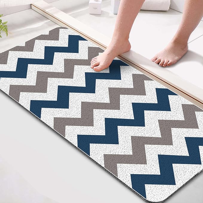 godehone Shower Mats Non Slip Without Suction Cups, PVC Loofah Bathroom Mats, Loofah Mats for Shower and Bathroom, Quick Drying, 15.7×36 Inch, Blue Geometric