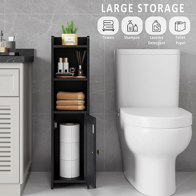 Lomojo Small Bathroom Storage Cabinet, Toilet CabinetFreestanding Bathroom Organizer for Small Spaces, Narrow Toilet Paper Corner Floor with Door and Shelves,Black