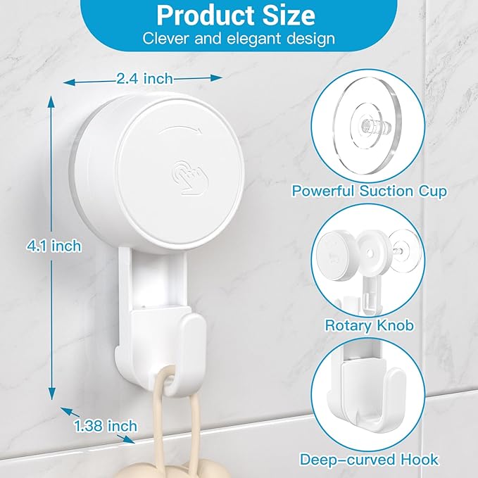 LUXEAR Heavy Duty Waterproof Shower Hooks 6 Pack - Suction Hook, No Drill Damage-Free Removable Reusable Wall Hooks for Bathroom Kitchen Towel Bathrobe Loofah Shower Hooks (Max Load 11LB/5KG)
