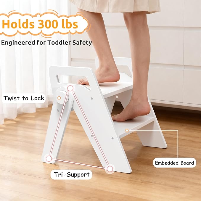 Wooden 2 Step Stool for Toddler Kids Bathroom Foldable 2-Step for Toilet Potty Training, Child Stepping Stool for Kitchen Nursery Bedroom,White