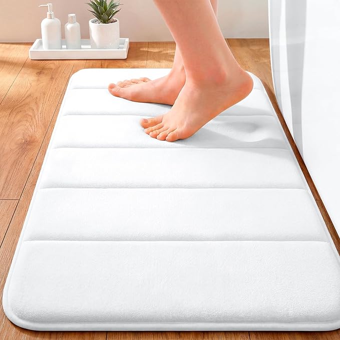 OLANLY Memory Foam Bath Mat 35x16, Super Soft Absorbent Bathroom Rugs, Quick Dry, Machine Washable Shower Floor Rugs, Bathmat Carpet, Bathroom Home Decor Accessories, White
