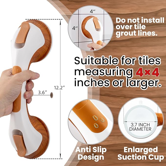 TAILI Grab Bars for Bathtubs and Showers 2 Pack Suction Grab Bar, Heavy Duty Shower Handle Removable Bath Handrails for Seniors and Elderly, Bathroom Safety Grip No Drilling Waterproof, Wood Grain, G9