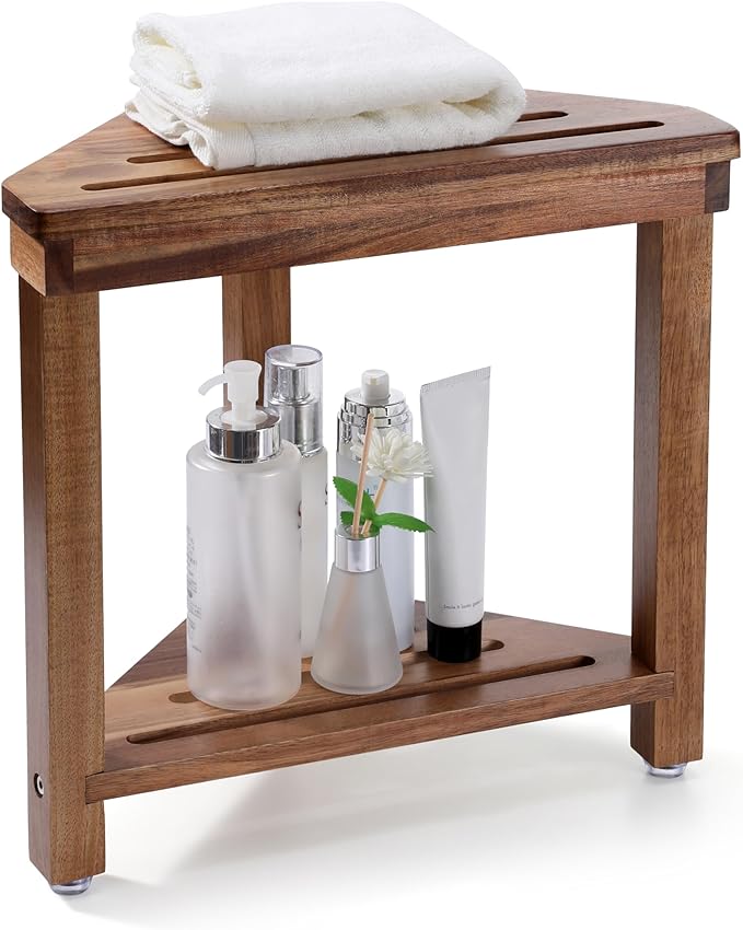 Boulphia Shower Foot Rest 14in, Acacia Wood Shower Stool for Shaving Legs, Waterproof Corner Shower Stool with Storage Shelf for Inside Small Shower Spaces, Wood Color
