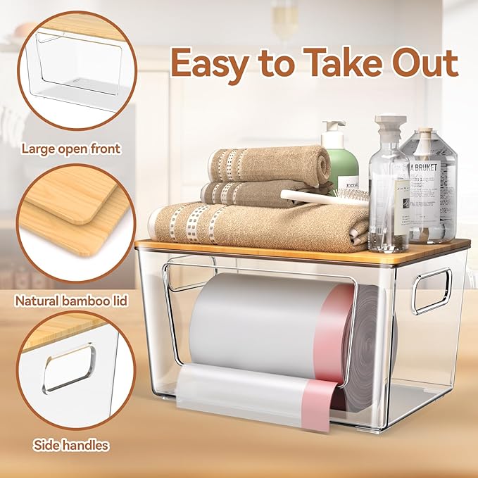 spospo 3 Pack Trash Bag Holder with Bamboo Lid, Stackable Trashbag Dispenser, Extra Large Garbage Bag Holder for Kitchen Laundry Room Under Sink Organization and Storage
