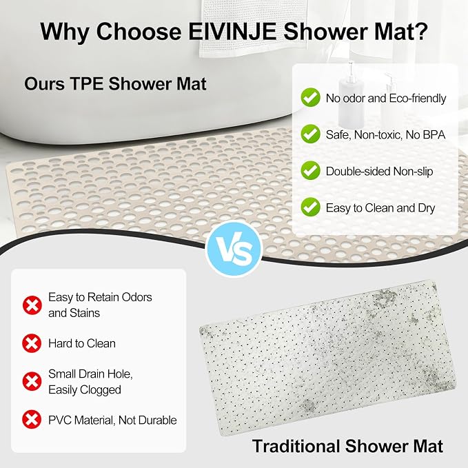 Anti Slip Shower Mat with Suction Cups,31.5x47.2 Inch Quick Drain TPE Non Slip Shower Mats for Inside Shower,Large Bath Mat for Shower Soft on Feet, Easy to Dry&Cut Machine Washable