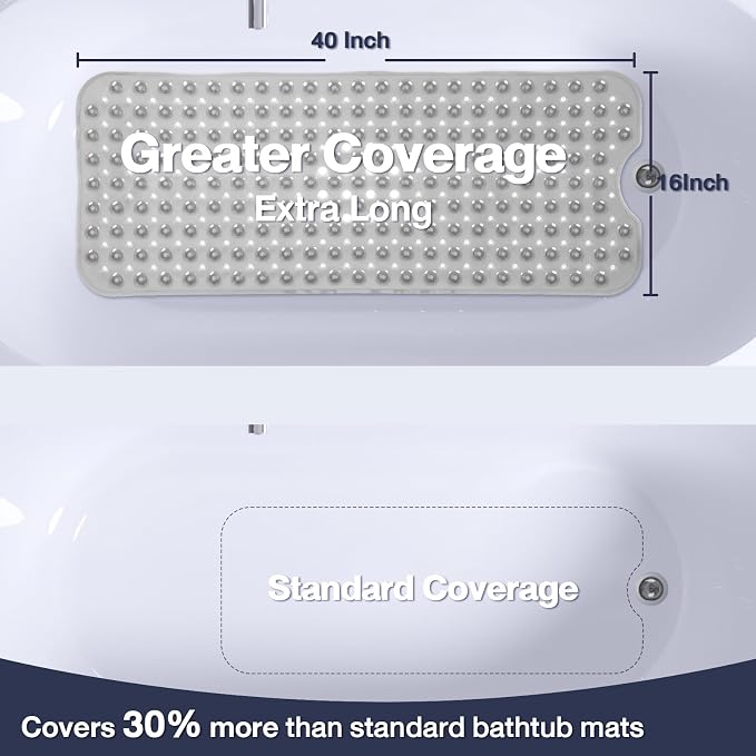 Extra Long Bathtub Mat Non Slip, Clear Gray Soft Bath Mat for Tub 40 x 16 Inch Full Size, Bath Tub Shower Mats for Bathroom Floor, Big Suction Cups and Drain Holes, Easy Washable, BPA Free