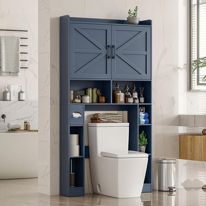 Over The Toilet Storage Cabinet, Farmhouse Toilet Cabinet Rack with Barn Doors, Space Saving Bathroom Organizer with Shelves, Toilet Paper Holder and Towel Rack for Bathroom,Restroom,Laundry,Blue