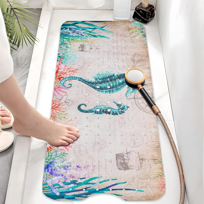 Ocean Bathtub Mat Non Slip, Cute Baby Bath Mat for Tub Rubber Tub Mat, Seahorse Coral Toddler Kids Bath Mats for Bathroom Anti Slip Shower Mat with Suction and Drain Holes Machine Washable, 40″x16″