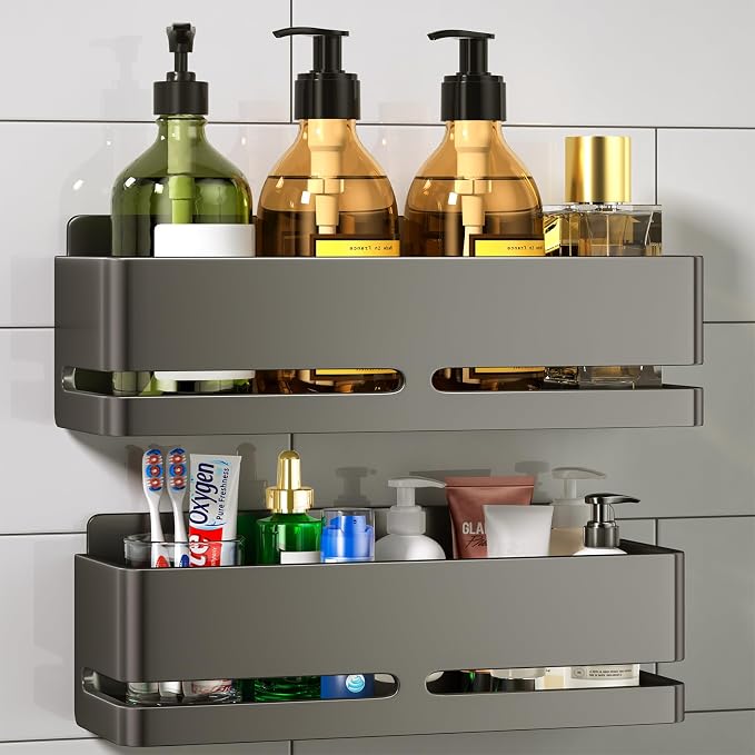 Shower Caddy, 2-Pack Shower Shelf, Heavy-Duty Bathroom Storage Shelf, Large Capacity No-Drill Bathroom Organizer, Gray Metal Storage Basket, Adhesive Installation