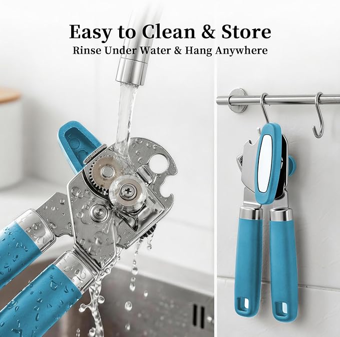 Can Opener Manual, Hand Heavy Duty Stainless Steel Bottle Opener Comfortable Handle, Sharp Blade Smooth Edge, Multifunctional Kitchen Tool, Blue