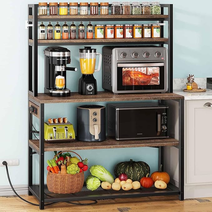Denkee Large Bakers Rack with Power Outlets, 38 Inch Microwave Stand with Storage, 5-Tier Coffee Bar Stand, Industrial Kitchen Shelf Rack, Rustic Brown