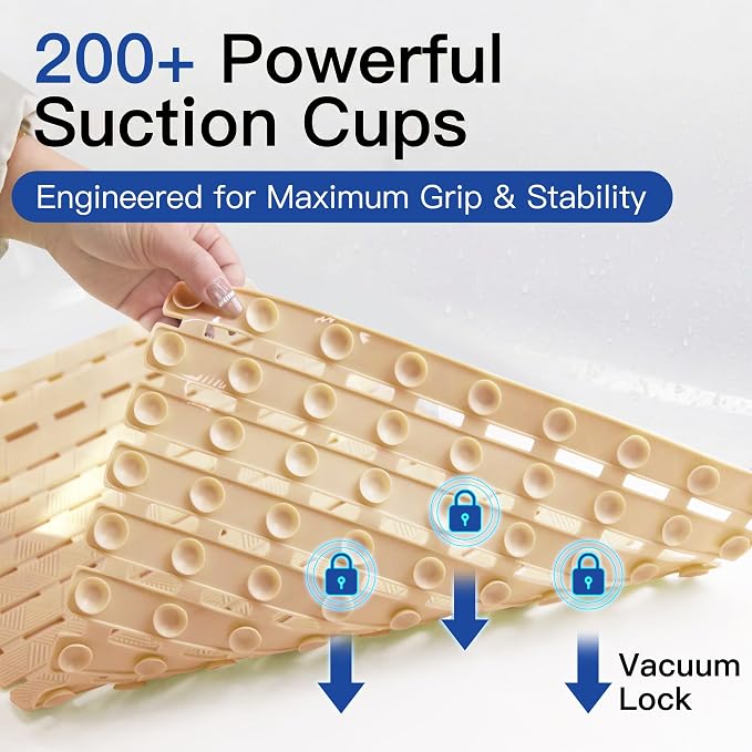 Non Slip Bathtub Mat - Shower Mats for Inside Shower, Rectangular PVC Tub Mat with 200+ Suction Cups for Safety, 40x16 Inch, Beige