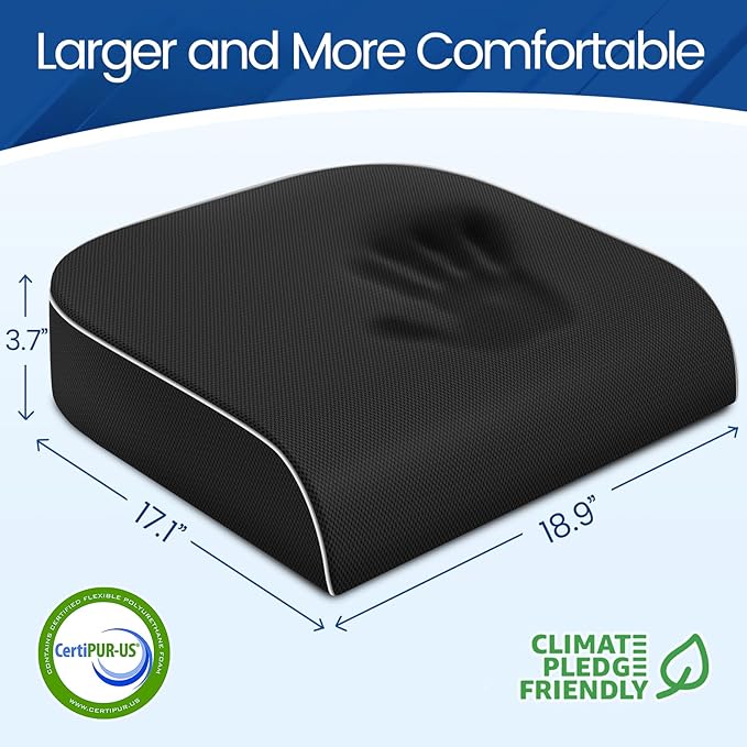 SweetSlubr Seat Cushion for Tailbone Pain Relief, Office Chair Cushion, Memory Foam Large Chair Cushion with Non-Slip Cover for Soft Support at Office Chair, Car Seat, Airplane Black/2X-Large