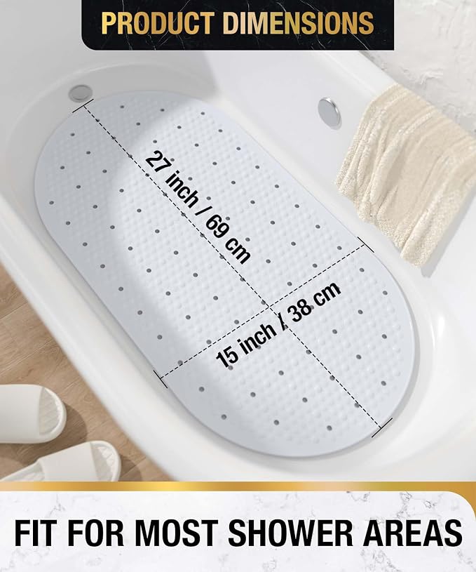 HITSLAM Non Slip Bathtub Mat, 27x15 Inch Bath Mat for Tub with Suction Cups and Drainage Holes, Machine Washable Oval Shower Mat for Kids, Seniors and Daily Use, Phthalate Free PVC, White
